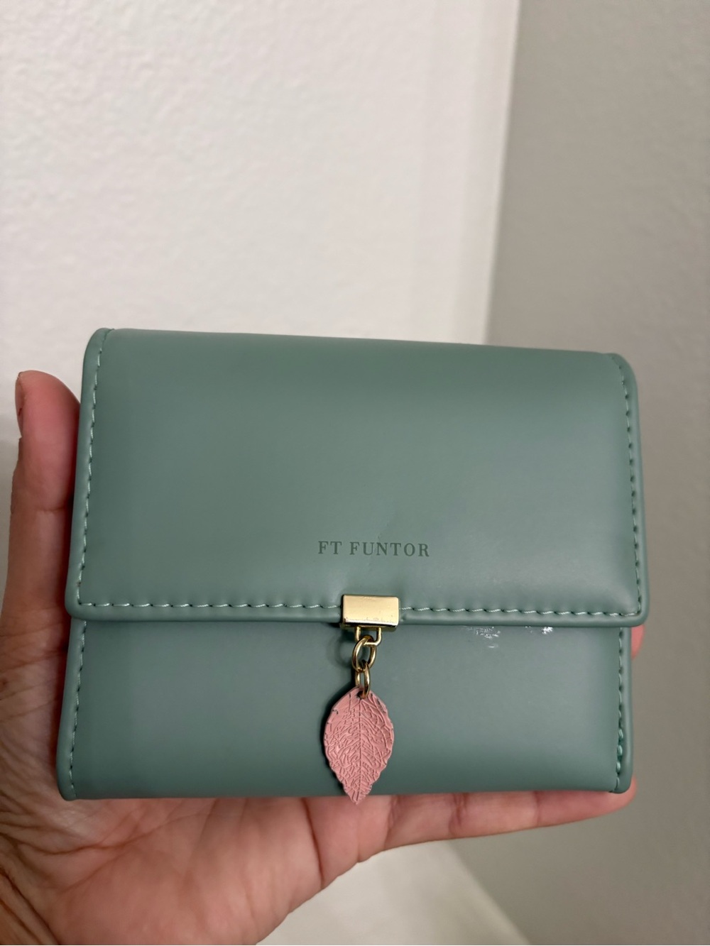 FT Funtor Sage Green Compact Wallet with Pink Leaf Charm